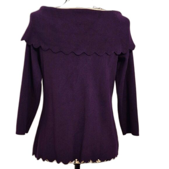 Cable & Gauge Sweater M Off Shoulder Wide Collar Scallop Edge Purple Knit - Picture 5 of 8